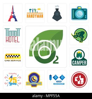 Set Of 13 simple editable icons such as oxygen, veterinary medicine, 100 year anniversary, volleyball tournament, celebrating 25 years, camper, cab se Stock Vector