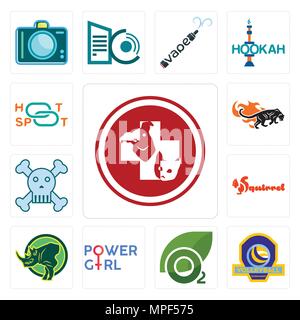 Set Of 13 simple editable icons such as veterinary medicine, volleyball tournament, oxygen, girl power, rhino, squirrel, skull and crossbones, black p Stock Vector