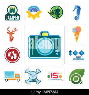 Set Of 13 simple editable icons such as dslr, oxygen, 15 years celebration, skull and crossbones, post car, 100 year anniversary, veterinary medicine, Stock Vector