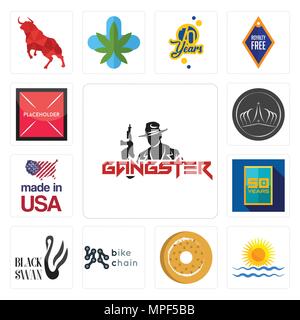 Set Of 13 simple editable icons such as gangster, rising sun, bagel, bike chain, black swan, 50 year, made in usa, tiara, placeholder can be used for  Stock Vector