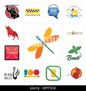 Set Of 13 simple editable icons such as dragonfly, sparta, gluten free, 100 year, black swan, basil, placeholder, churros, bull can be used for mobile Stock Vector