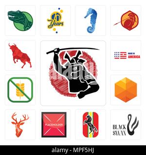 Set Of 13 simple editable icons such as, black swan, horse, placeholder, stag head, cubic, gluten free, made in america, bull can be used for mobile,  Stock Vector