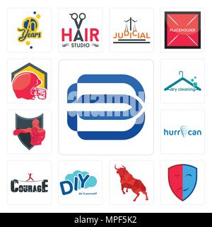 Set Of 13 simple editable icons such as minimal b, drama, bull, diy, courage, hurrican, boxing club, dry cleaning, football helmet can be used for mob Stock Vector
