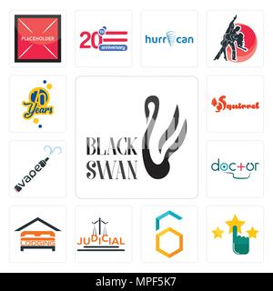 Set Of 13 simple editable icons such as black swan, customer satisfaction, hex, judicial, lodging, doctor, vape, squirrel, 70 years can be used for mo Stock Vector