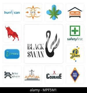 Set Of 13 simple editable icons such as black swan, , courage, judicial, bike chain, 70 years, 20 year, safety first, bull can be used for mobile, web Stock Vector
