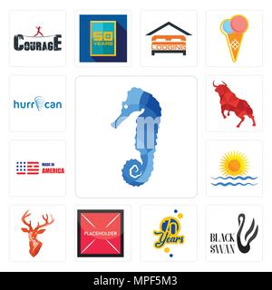 Set Of 13 simple editable icons such as sea horse, black swan, 70 years, placeholder, stag head, rising sun, made in america, bull, hurrican can be us Stock Vector