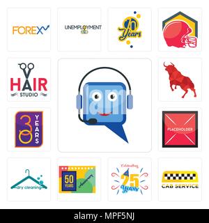 Set Of 13 simple editable icons such as helpdesk, cab service, celebrating 25 years, 50 years anniversary, dry cleaning, placeholder, 30 year, bull, h Stock Vector