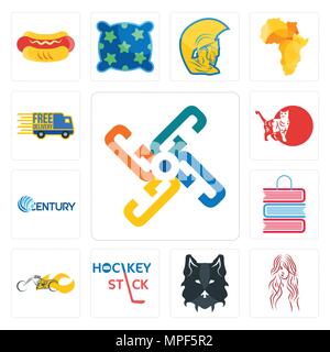 Set Of 13 simple editable icons such as generic, long hair, wolf face, hockey stick, chopper, book shop, century, cat, free delivery can be used for m Stock Vector