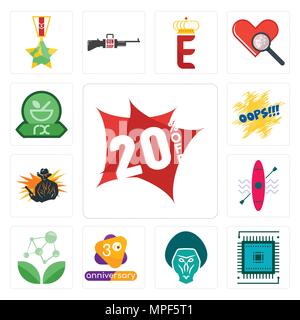 Set Of 13 simple editable icons such as 20% off, sem, baboon, 3rd anniversary, antioxidant, kayak, outlaw, oops, pharmacy can be used for mobile, web  Stock Vector