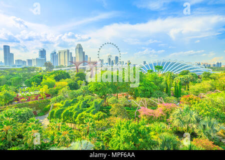 Aerial view of cityscape Singapore and gardens by the bay. Famous tourist attraction in marina bay area, Singapore. Stock Photo