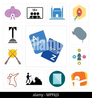 Set Of 13 simple editable icons such as vocabulary, dab, specification, hiker, travel agent, shotgun, car dealer, concierge can be used for mobile, we Stock Vector