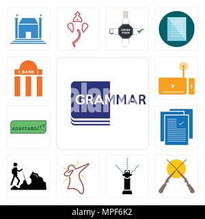 Set Of 13 simple editable icons such as grammar, shotgun, sprinkler, dab, hiker, specification, adaptability, set top box, bank branch can be used for Stock Vector