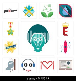 Set Of 13 simple editable icons such as baboon, online form, appetite, it helpdesk, frustration, kayak, oops, e crown, veteran can be used for mobile, Stock Vector