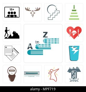 Set Of 13 simple editable icons such as vocabulary, waterfall, dab, buffering, electric meter, broken glass, request a quote, hospitality, hiker can b Stock Vector
