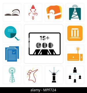 Set Of 13 simple editable icons such as number of players, distributor, sprinkler, dab, cell tower, set top box, specification, municipality, page tur Stock Vector