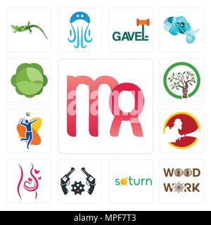 Set Of 13 simple editable icons such as virgo, woodwork, saturn, revolver, pregnancy, , volleyball team, olive tree, cabbage can be used for mobile, w Stock Vector
