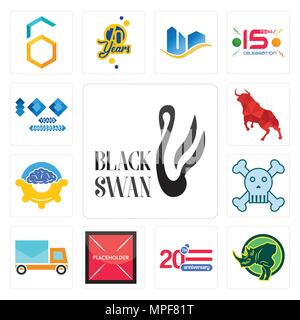 Set Of 13 simple editable icons such as black swan, rhino, 20 anniversary, placeholder, post car, skull and crossbones, program management, bull, 100  Stock Vector