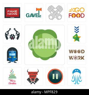 Set Of 13 simple editable icons such as cabbage, jellyfish, pause, butcher shop, merry christmas, woodwork, train station, military, revolver can be u Stock Vector