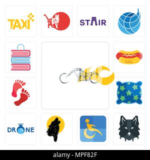 Set Of 13 simple editable icons such as chopper, wolf face, disability, black wolf, , pillow, foot print, hot dog, book shop can be used for mobile, w Stock Vector