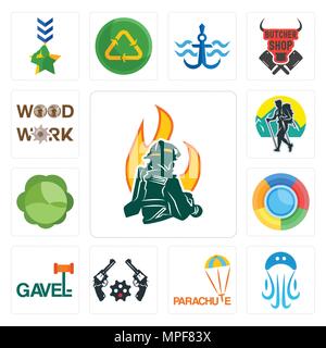 Set Of 13 simple editable icons such as firemen, jellyfish, parachute, revolver, gavel, , cabbage, trekking, woodwork can be used for mobile, web UI Stock Vector