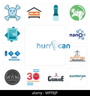 Set of hurrican, badminton, courage, 30 anniversary, tiara, judicial, 100 year nano, statement icons Stock Vector