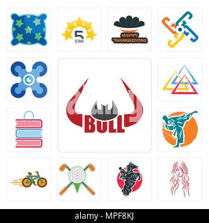 Set of bull horn, long hair, equestrian, golf tournament, bike shop, martial arts, book three triangle, drones icons Stock Vector
