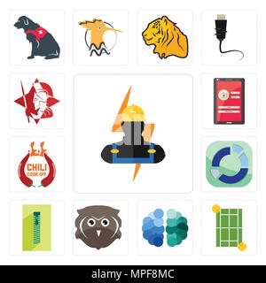 Set of electrician, tennis court, free brain, owl, zipper, sector, chili cook off, login screen, spartan icons Stock Vector