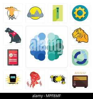 Set of free brain, heater, car crash, , welding, sector, login screen, tiger, service dog icons Stock Vector