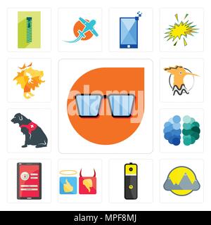 Set of nerd glasses, montain, lithium battery, good bad, login screen, free brain, service dog, hoopoe, de icons Stock Vector