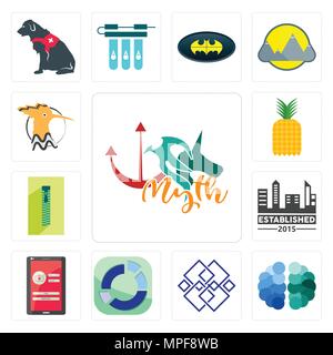 Set of myth, free brain, generic, sector, login screen, established, zipper, pinapple, hoopoe icons Stock Vector
