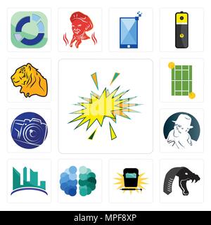 Set of starburst, mamba, welding, free brain, contruction, detective, photography camera, tennis court, tiger icons Stock Vector