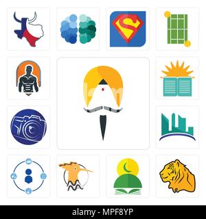 Set of sikh, tiger, quran, hoopoe, tidy, contruction, photography camera, sunday school, fitness icons Stock Vector