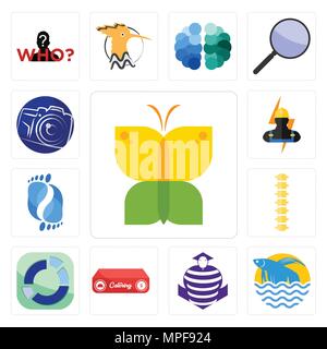 Set of buterfly, betta fish, purple cobras, catering, sector, spine, podiatry, electrician, photography camera icons Stock Vector