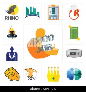 Set of good job, free brain, crown, hoopoe, tiger, thermostat, personal development, tennis court, electrician icons Stock Vector