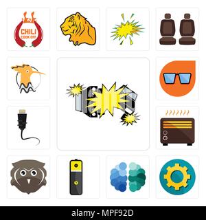 Set of car crash, transparent gear, free brain, lithium battery, owl, heater, ethernet, nerd glasses, hoopoe icons Stock Vector