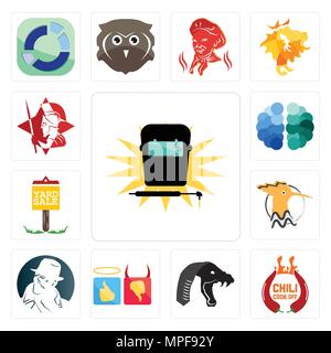 Set of welding, chili cook off, mamba, good bad, free detective, hoopoe, yard sale, brain, spartan icons Stock Vector