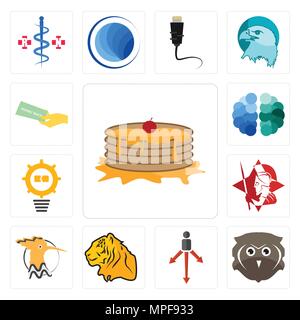 Set of pancake, free owl, approach, tiger, hoopoe, spartan, problem management, brain, money back guarantee icons Stock Vector