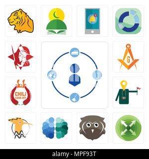 Set of tidy, extend, free owl, brain, hoopoe, tour guide, chili cook off, masonic, spartan icons Stock Vector