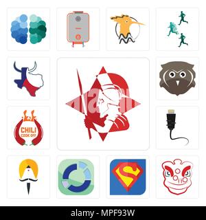 Set of spartan, lion dance, s, sector, sikh, ethernet, chili cook off, free owl, made in texas icons Stock Vector