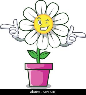 Funny winking daisy flower character with yellow face and big eyes