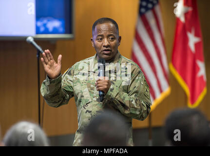 Lt. Gen. Robert S. Ferrell, Army Chief Information Officer/G6 speaks to USAREUR G6 soldiers and civilians at the Mission Command Center Truscott Conference Room during his visit to Lucius D. Clay Kaserne in Wiesbaden, Germany, Feb. 21, 2017. (U.S. Army Photo by Visual Information Specialist Volker Ramspott) Stock Photo