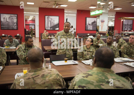 Lt. Gen. Robert S. Ferrell, Army Chief Information Officer/G6 speaks to soldiers at the Dining Facility during his visit to Lucius D. Clay Kaserne in Wiesbaden, Germany, Feb. 21, 2017.   (U.S. Army Photo by Visual Information Specialist Volker Ramspott) Stock Photo