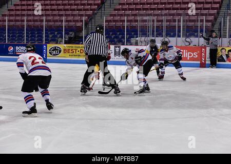 Members of the Charleston Patriots and the Charleston Enforcers play hockey during the 3rd Annual Matuskovic Charity Hockey Game at the North Charleston Coliseum & Performing Arts Center, Feb. 18, 2017. The game is played in memory of Joe Matuskovic, Charleston County Sherriff’s deputy, and other service members and first responders killed in the line of duty. Members of the Charleston Patriots are from Joint Base Charleston while members of the Charleston Enforcers are from the Charleston County Sheriff’s office and fire department.The Charleston Enforcers won the game with a final score of 1 Stock Photo