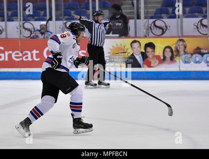 Members of the Charleston Patriots and the Charleston Enforcers play hockey during the 3rd Annual Matuskovic Charity Hockey Game at the North Charleston Coliseum & Performing Arts Center, Feb. 18, 2017. The game is played in memory of Joe Matuskovic, Charleston County Sherriff’s deputy, and other service members and first responders killed in the line of duty. Members of the Charleston Patriots are from Joint Base Charleston while members of the Charleston Enforcers are from the Charleston County Sheriff’s office and fire department.The Charleston Enforcers won the game with a final score of 1 Stock Photo