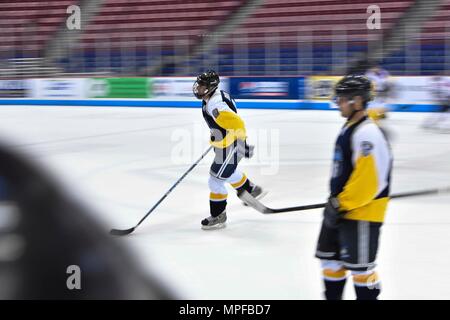 Members of the Charleston Patriots and the Charleston Enforcers play hockey during the 3rd Annual Matuskovic Charity Hockey Game at the North Charleston Coliseum & Performing Arts Center, Feb. 18, 2017. The game is played in memory of Joe Matuskovic, Charleston County Sherriff’s deputy, and other service members and first responders killed in the line of duty. Members of the Charleston Patriots are from Joint Base Charleston while members of the Charleston Enforcers are from the Charleston County Sheriff’s office and fire department.The Charleston Enforcers won the game with a final score of 1 Stock Photo