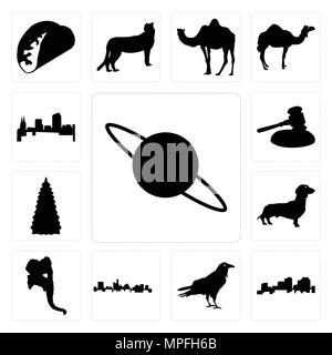 Set Of 13 simple editable icons such as saturn outline on white background, louisiana raven background can be used for mobile, web UI Stock Vector