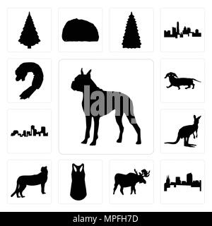 Set Of 13 simple editable icons such as boxer outline on white background, colorado moose background can be used for mobile, web UI Stock Vector