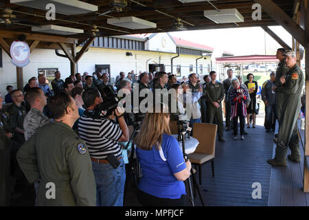 A large crowd gathered behind the 93rd Bomb Squadron to greet U.S. Air Force Lt. Col. Steve Smith, 93rd Bomb Squadron flight instructor, after he returned from a mission where he surpassed 10,000 flight hours in the B-52 Stratofortress. Several local media outlets, officials from Boeing and several hundred well-wishers were on hand to witness the historic feat.  No aircrew member in the Air Force has amassed as many hours in the jet in at least 30 years.   (U.S. Air Force photo by Tech. Sgt. Ted Daigle/Released) Stock Photo