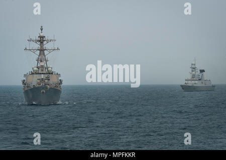 170201-N-MM501-0132 U.S. Navy Arleigh Burke-class destroyer USS Mahan (DDG-72) and French Marine Nationale ship Forbin (D620) maneuver into a fleet formation during Exercise Unified Trident in the Arabian Gulf Feb. 1. Unified Trident is a multilateral exercise with the Royal Navy, Royal Australian Navy and French Marine Nationale to enhance mutual capabilities, improve tactical proficiency and strengthen partnerships in ensuring the free flow of commerce and freedom of navigation within U.S. 5th Fleet area of operations. (U.S. Navy Combat Camera photo by Mass Communication Specialist 2nd Class