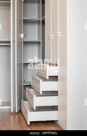 modern empty wooden wardrobe interior design in bedroom. Stock Photo